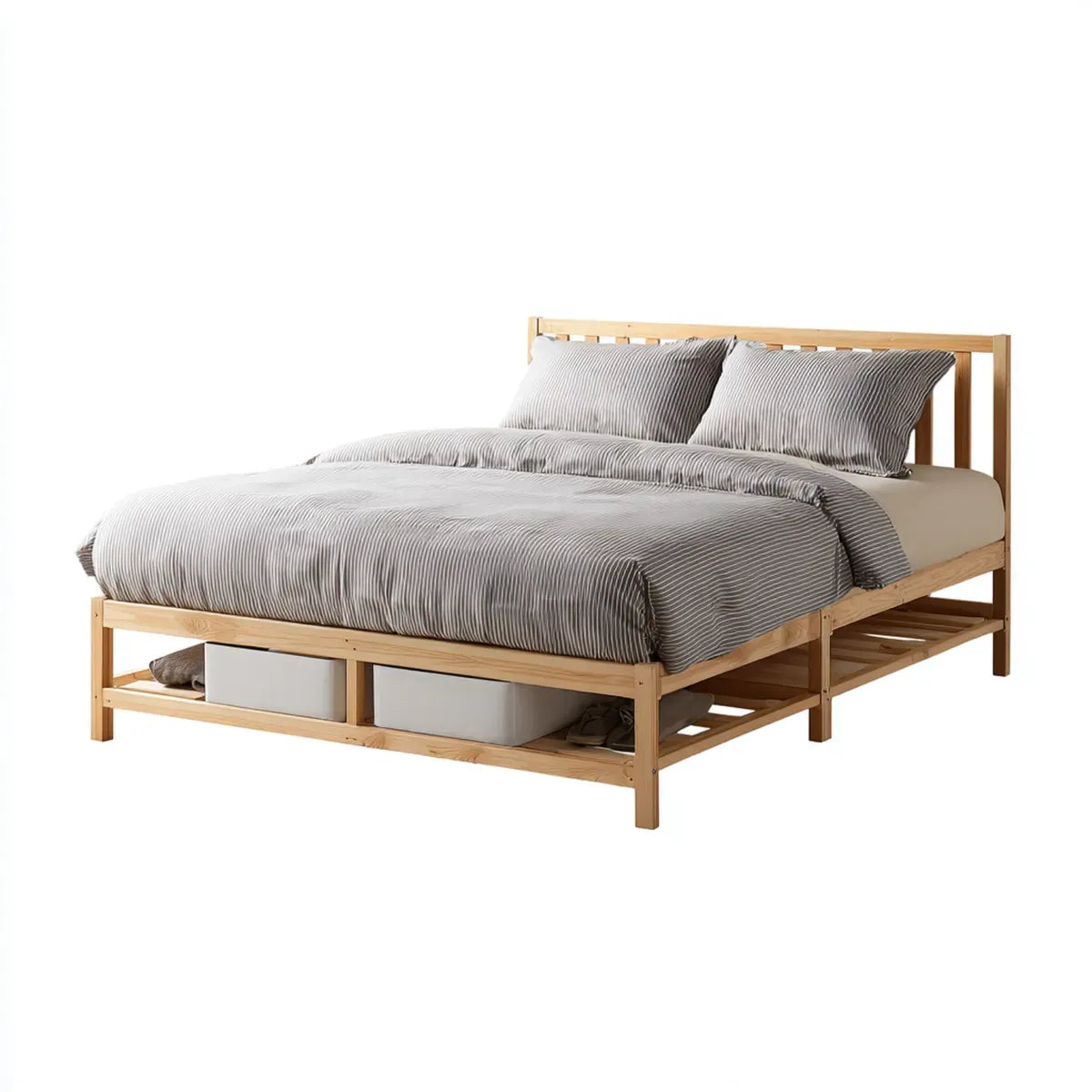 Łóżko dwuosobowe, Podwójne łóżko rama naturalna 160 x 200 cm Pine lite drewno prostokątne z przestrzeni magazynowej