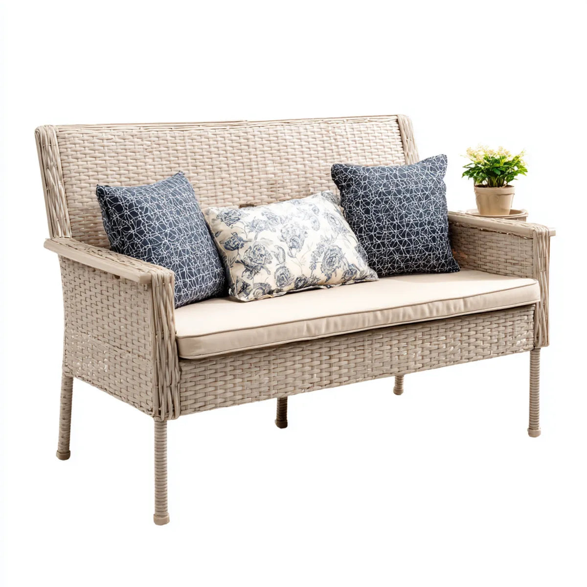 Sofa ogrodowa, 2-osobowa sofa ogrodowa beżowa 150 x 75 x 90 cm stal rattanowa PE prostokątna