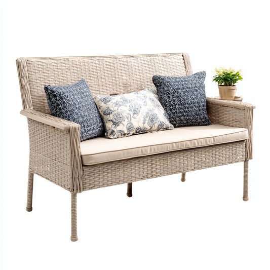 Sofa ogrodowa, 2-osobowa sofa ogrodowa beżowa 150 x 75 x 90 cm stal rattanowa PE prostokątna