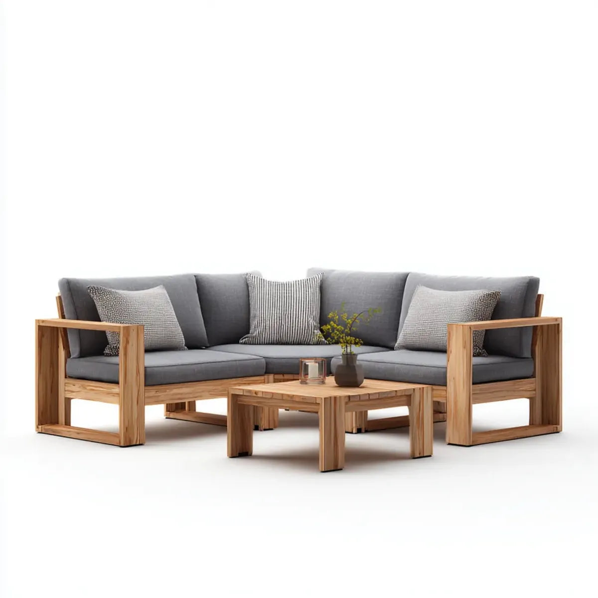 Sofa ogrodowa, 3- część taras sofa zestaw szary z litego acacia kształt litery L z stolik 220 x 220 cm