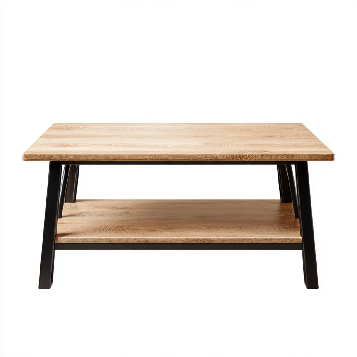 Stolik kawowy, Dęby lekkie i czarny prostokątny stolik 100 x 50 x 45 cm w płytach MDF i stali z półką