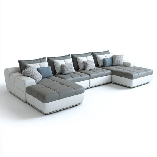 Sofa, Niekształtny krajobraz mieszkalny Sztuczna skóra Szara biały 360 x 200 x 85 cm z ottomanem