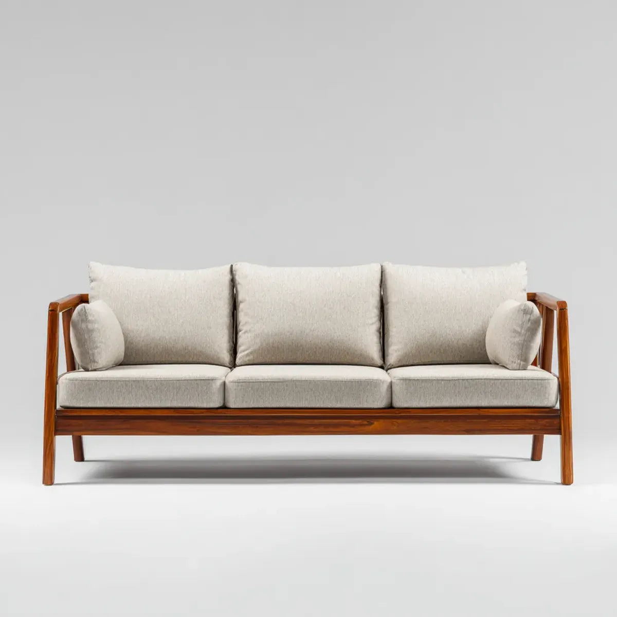 Sofa, 3- fotela Beżowa 210 x 80 x 78 cm z litą ramą z drewna i tapicerką poliestrową