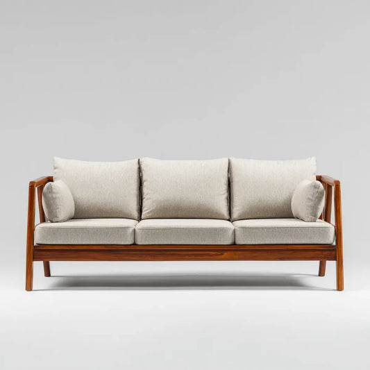 Sofa, 3- fotela Beżowa 210 x 80 x 78 cm z litą ramą z drewna i tapicerką poliestrową