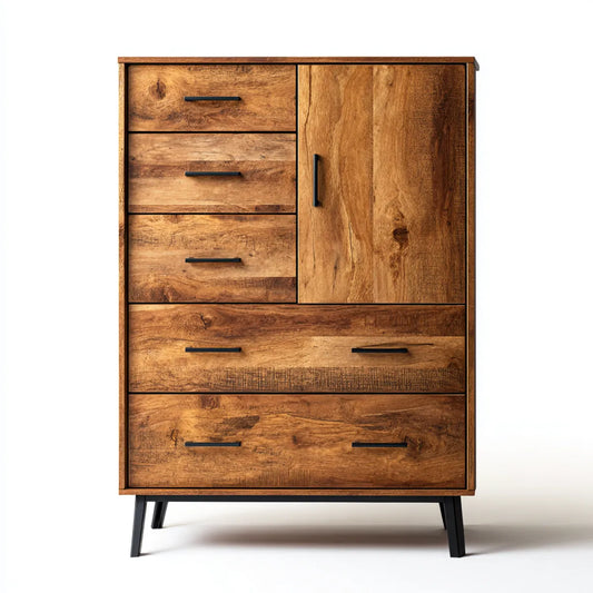Komoda, Klatka piersiowa z 5 szufladami i drzwiami naturalna brązowa czerń z mango litego drewna prostokątnego 90 x 40 x 120 cm