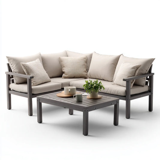 Sofa ogrodowa, Taras zestaw salonowy 2- część szary beżowy poliester prostokątna sofa 200 x 75 x 72 cm stół 100 x 60 x 45 cm